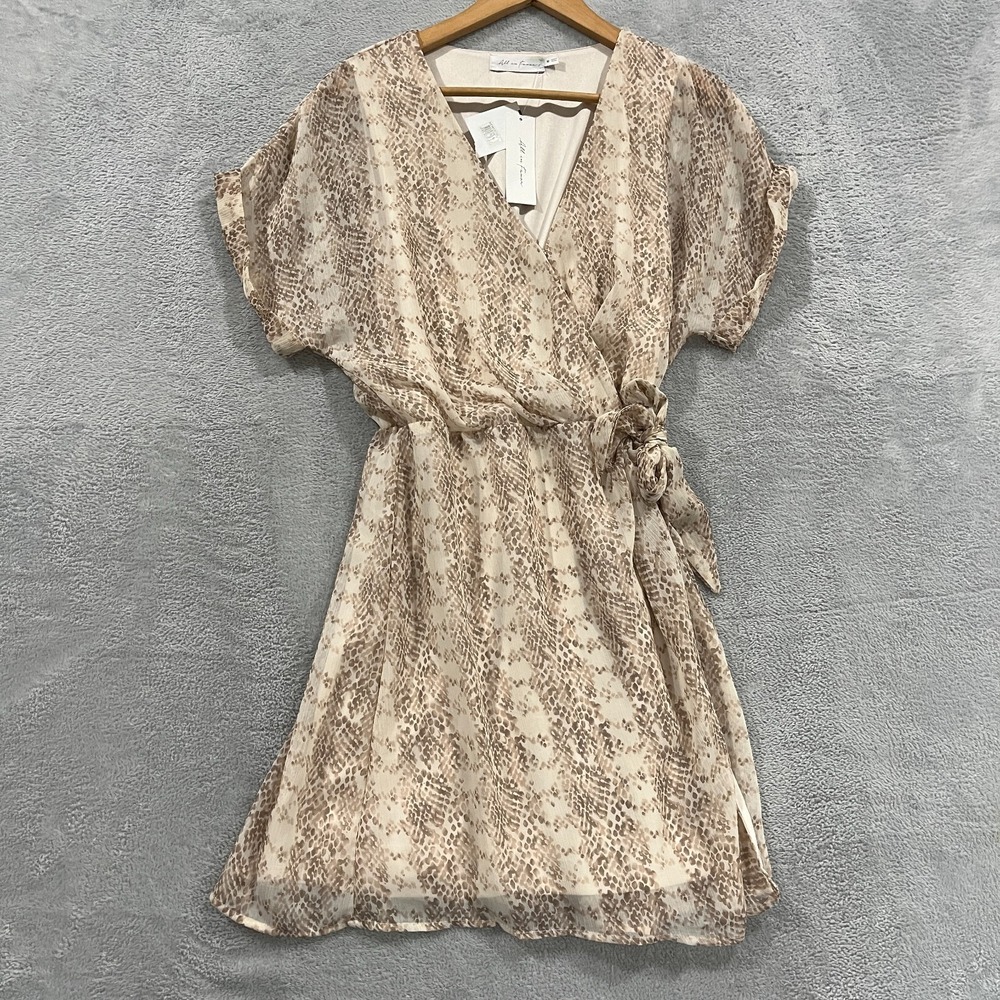 All In Favor Mini Wrap Dress M Medium Neutral Snake Belted Chiffon V-Neck NWT